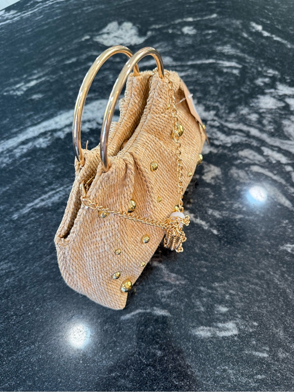 Savannah Natural Straw Mini Handbag with Gold Studs & Chain - Picture 4 of 14